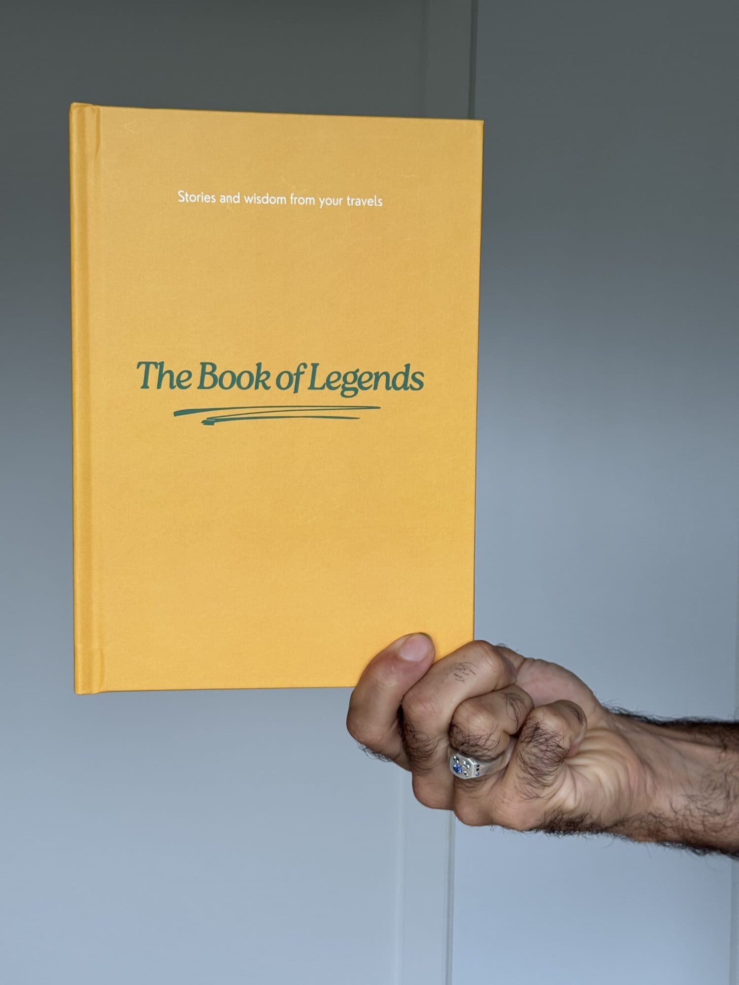 A hand holding the Book of Legends up against a grey wall