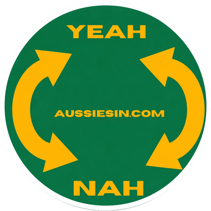 Yeah Nah sticker, gold arrows on green